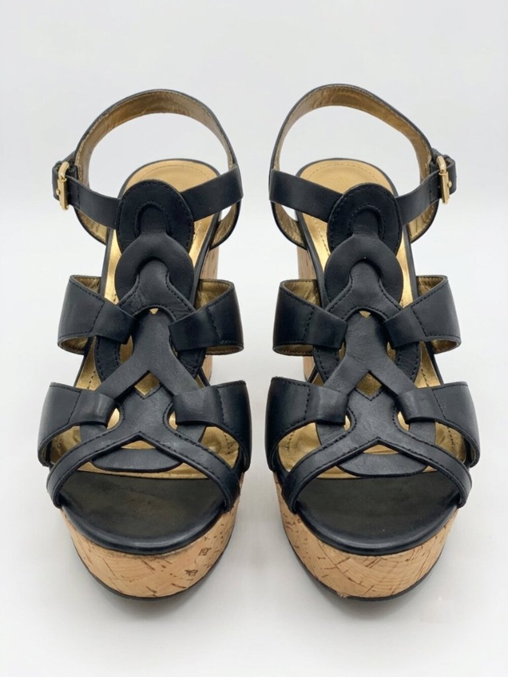 TAHARI -  Black Leather Strappy Cork Wedge Sandals – Size 8.5M